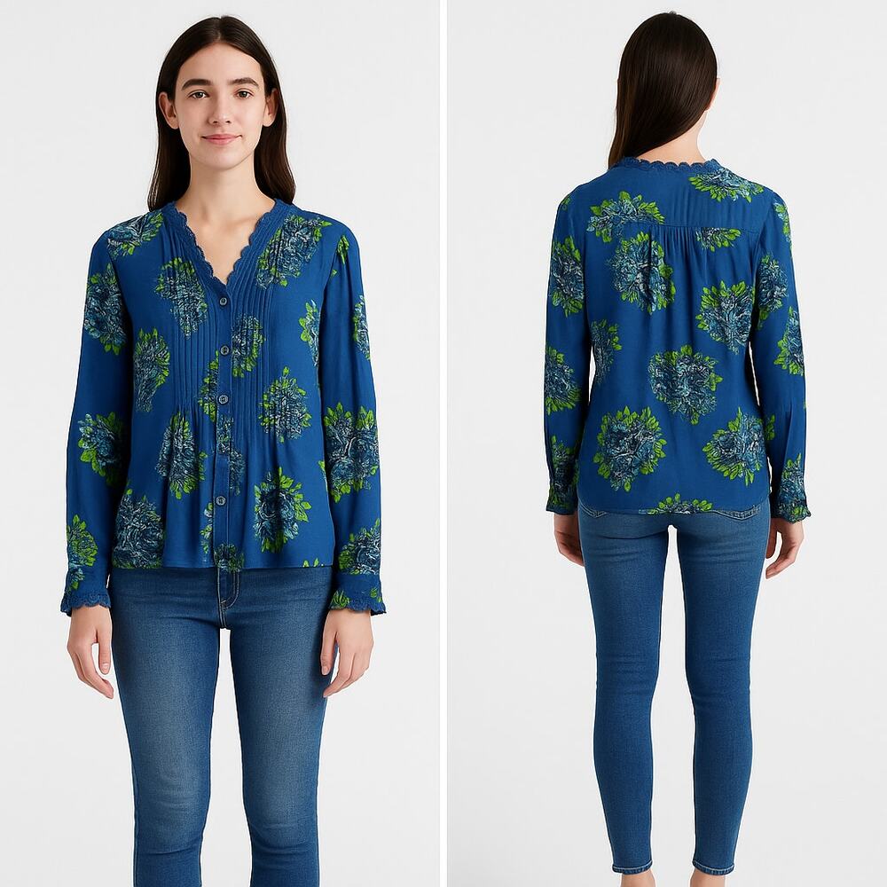 Lucky Brand Blouse Women’s XS Blue Floral Lace Trim Long Sleeve Boho Top Cottage